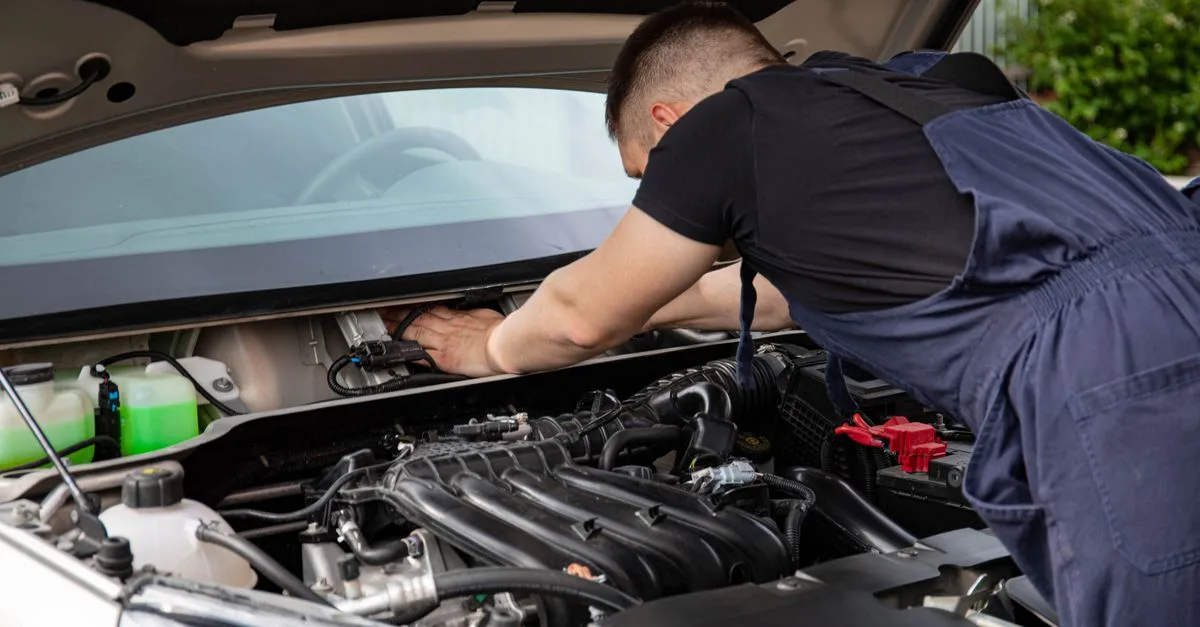 Mechaniker arbeitet an einem geöffneten Motorraum als Symbolbild